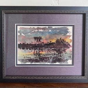 Marco Sassone Original Watercolor- sunset with palm trees